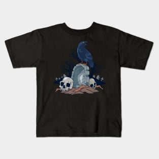 Goth and Gothic - Graveyard with Raven Skulls Kids T-Shirt